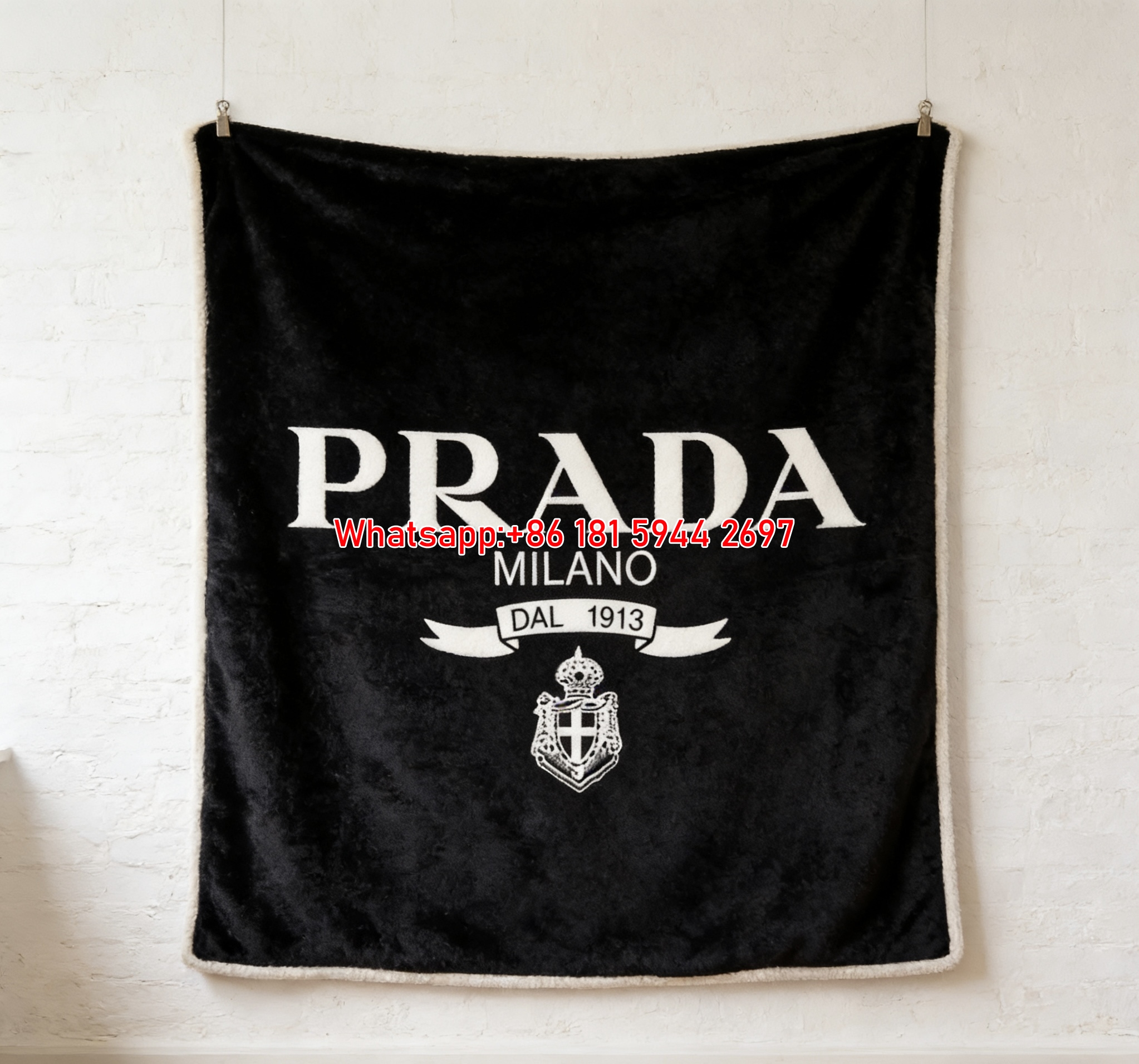 Prada Milano Dal 1913 Black White Flannel Throw Blanket Luxury Designer Printed Sofa Cover Blanket IMG_2667